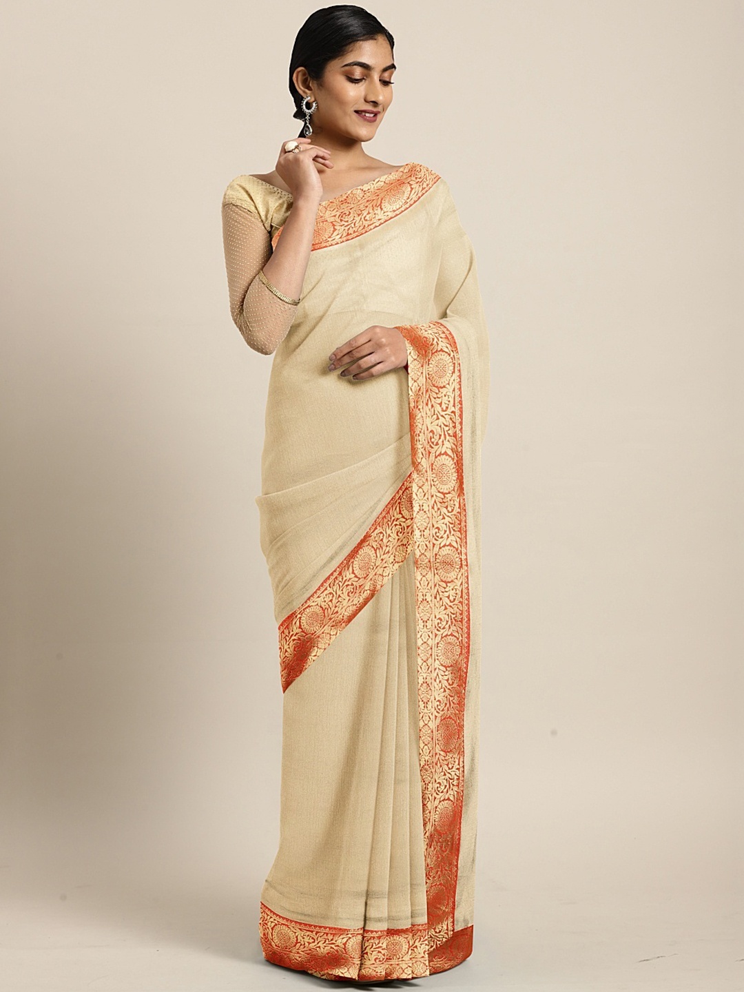 

Mitera Beige & Red Poly Georgette Solid Saree