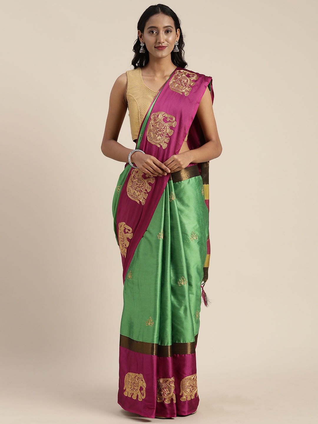 

KALINI Green & Pink Silk Cotton Embroidered Saree