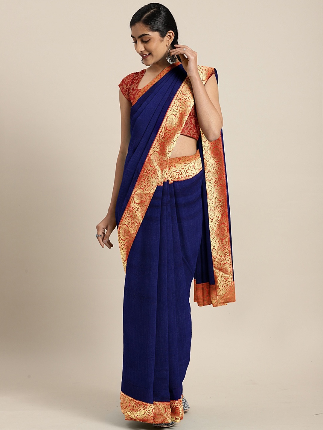 

Mitera Navy Blue & Red Poly Georgette Solid Saree