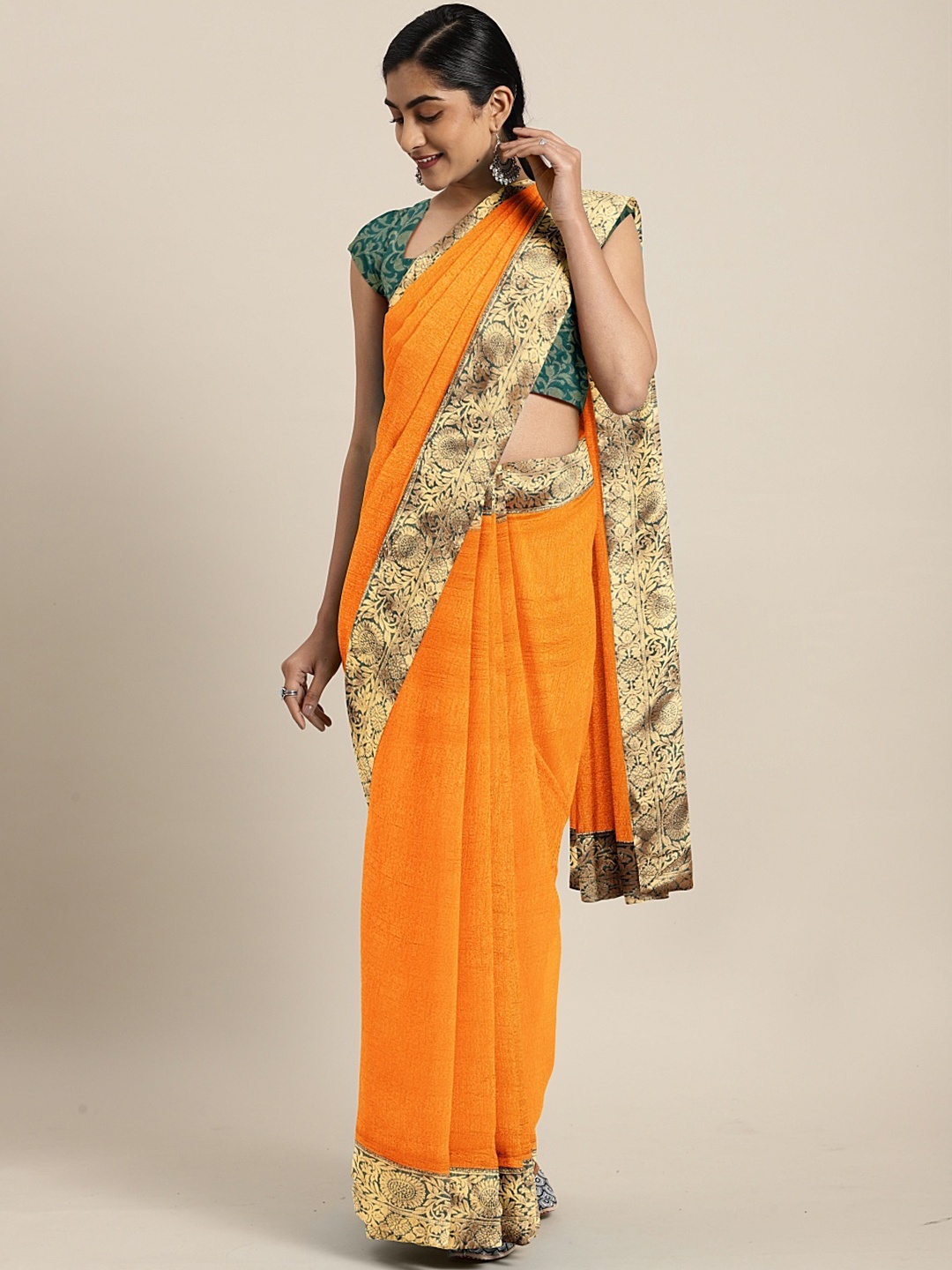 

Mitera Mustard Yellow & Golden Poly Georgette Solid Saree