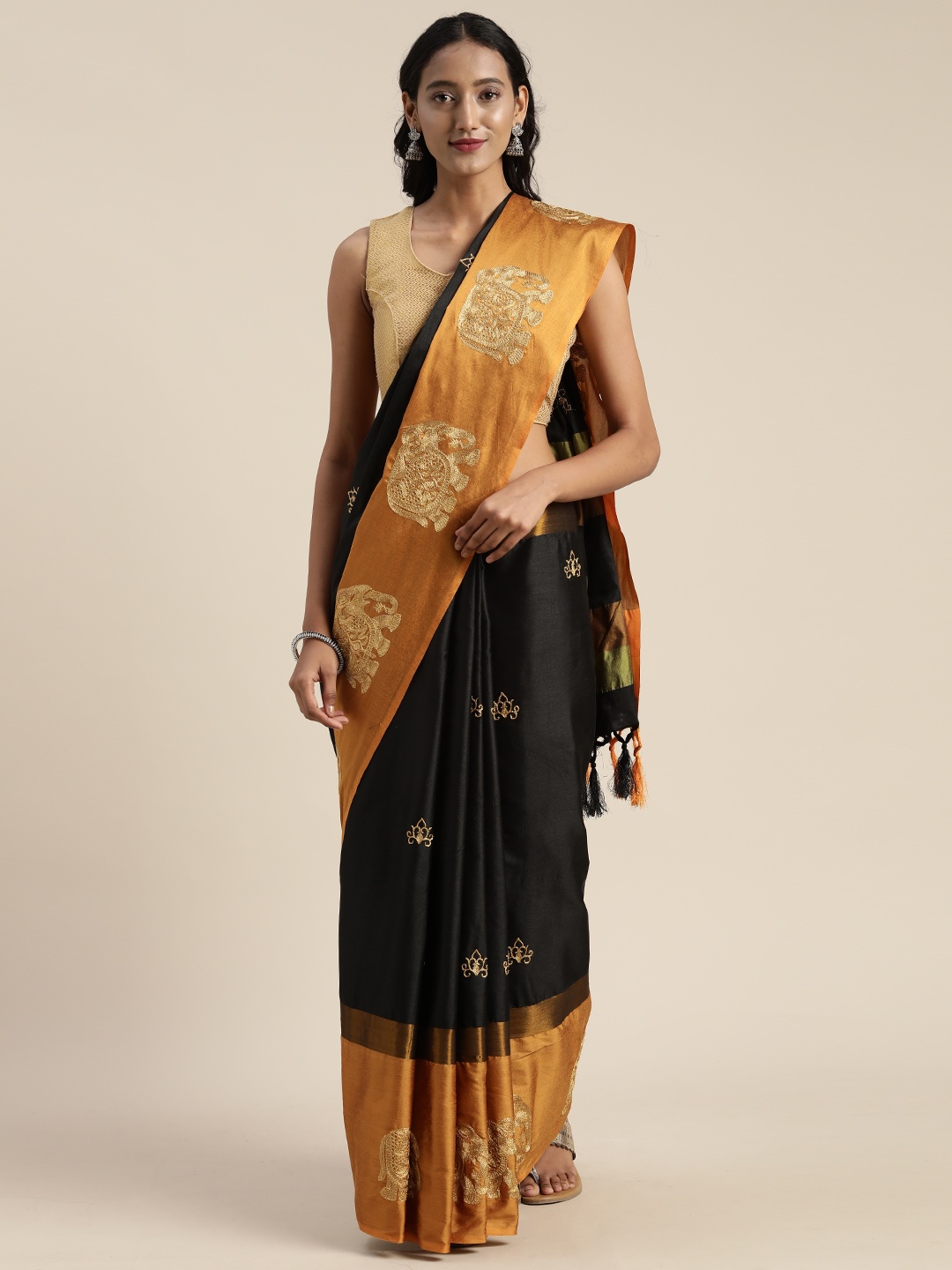 

KALINI Black & Yellow Embroidered Silk Cotton Saree