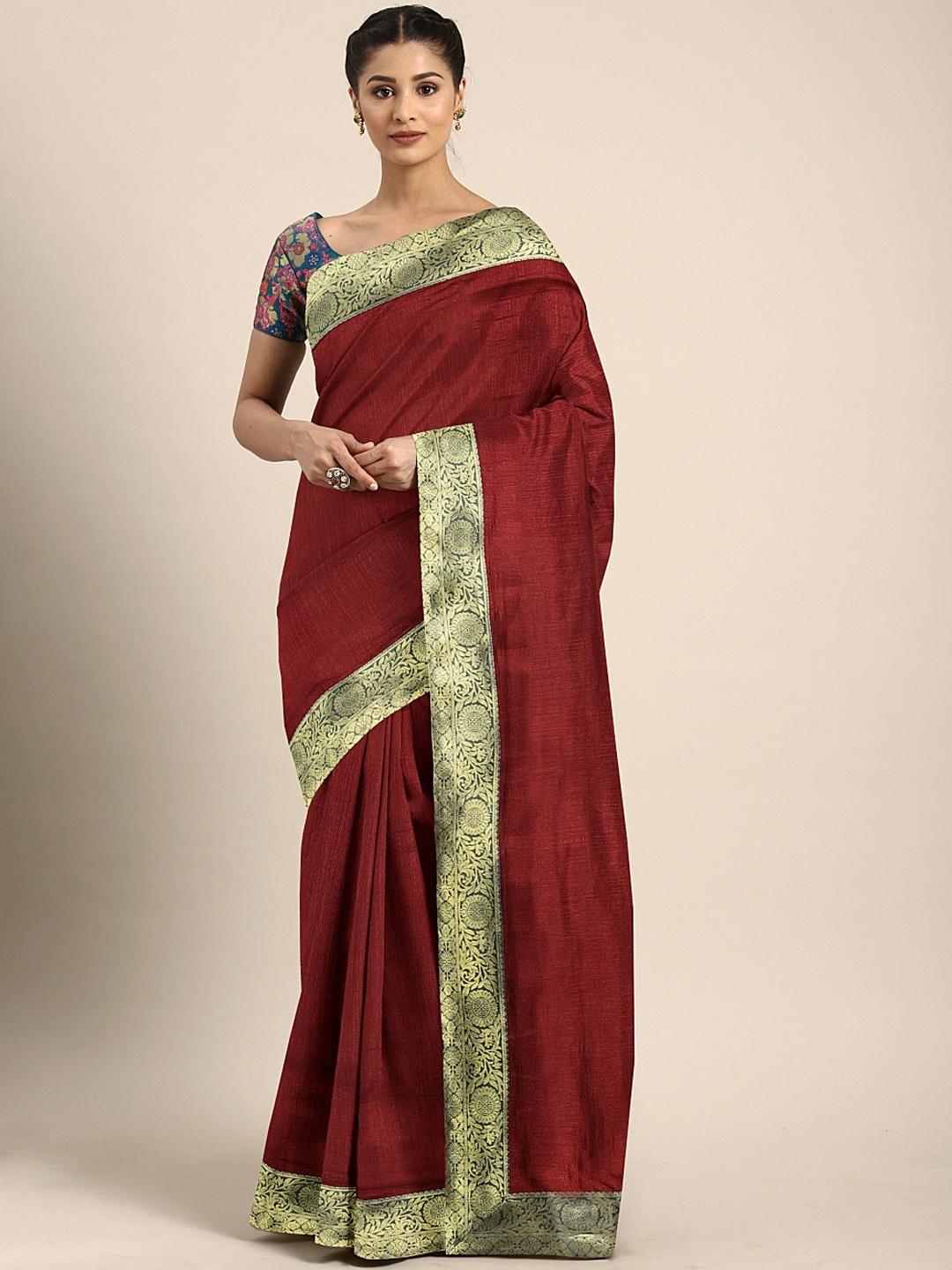 

Mitera Maroon & Green Poly Georgette Solid Saree