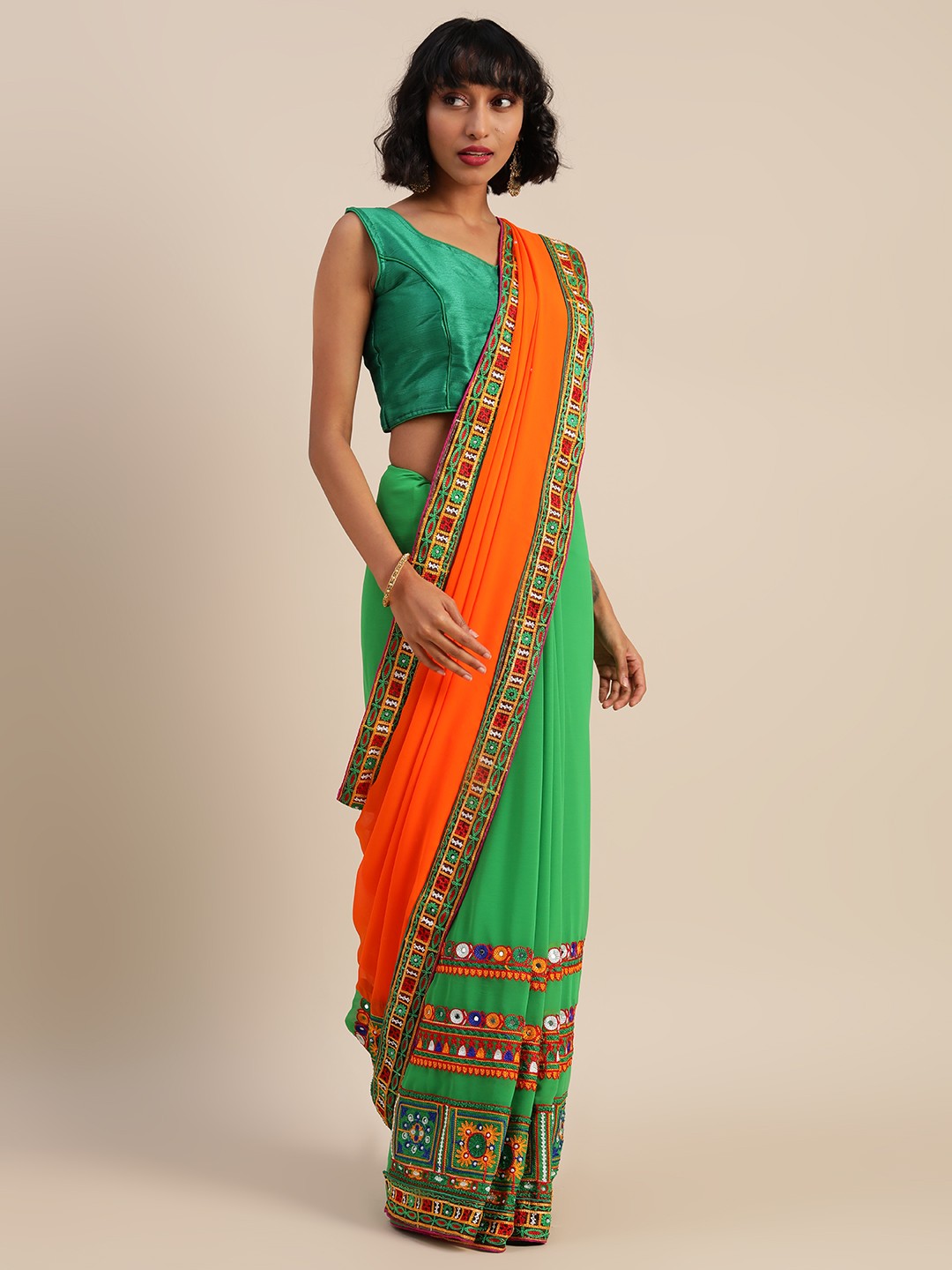 

Mitera Orange & Green Pure Georgette Embroidered Half and Half Saree