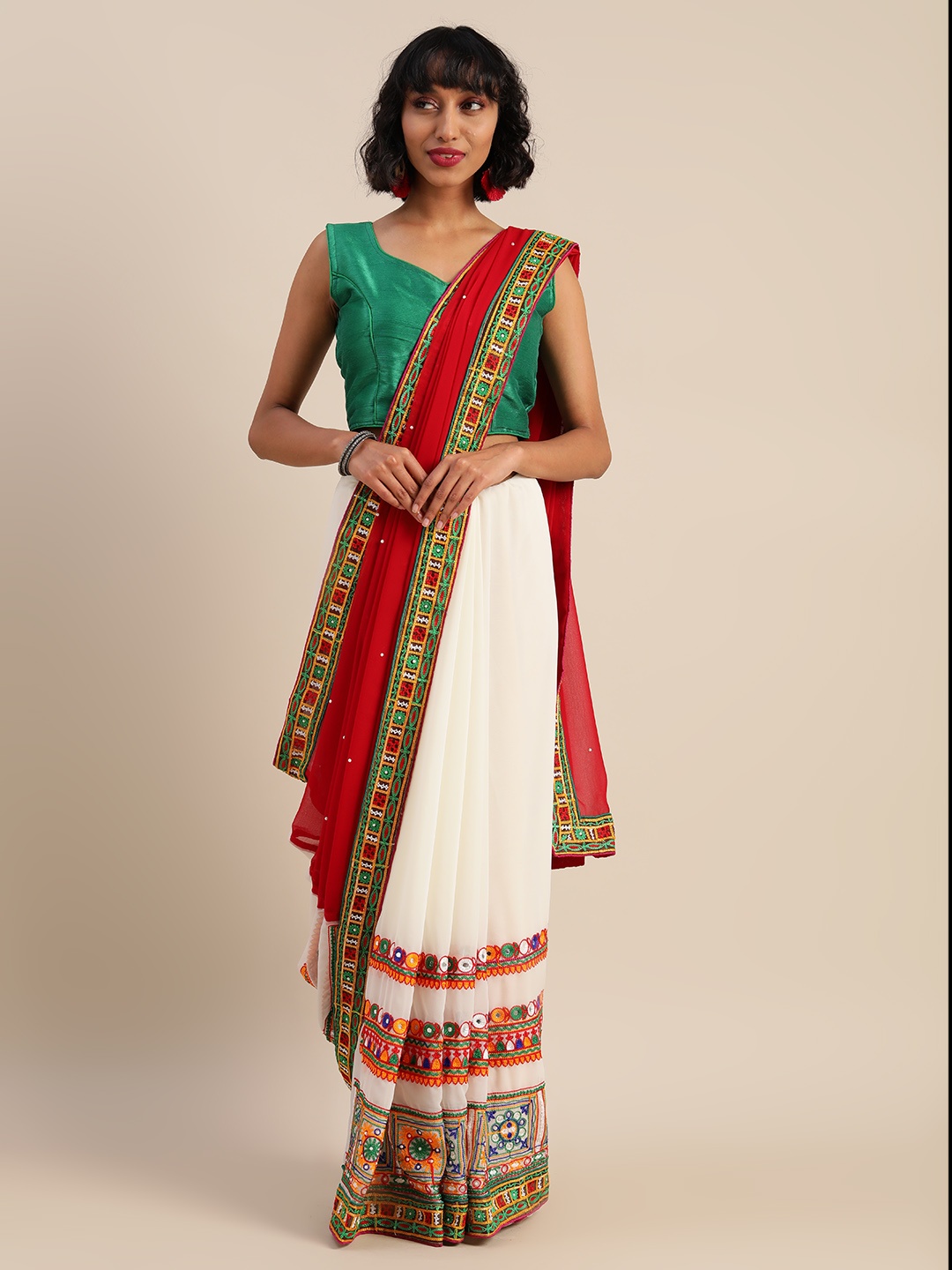 

Mitera Maroon & White Pure Georgette Embroidered Saree