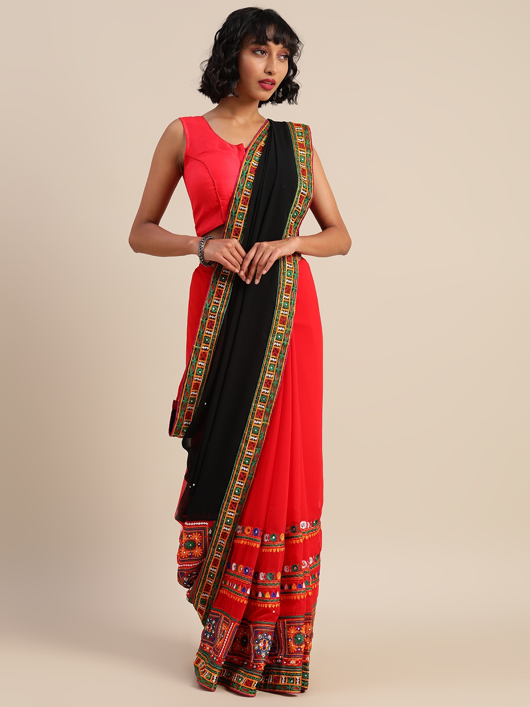 

Mitera Black & Coral Red Pure Georgette Embroidered Half & Half Saree