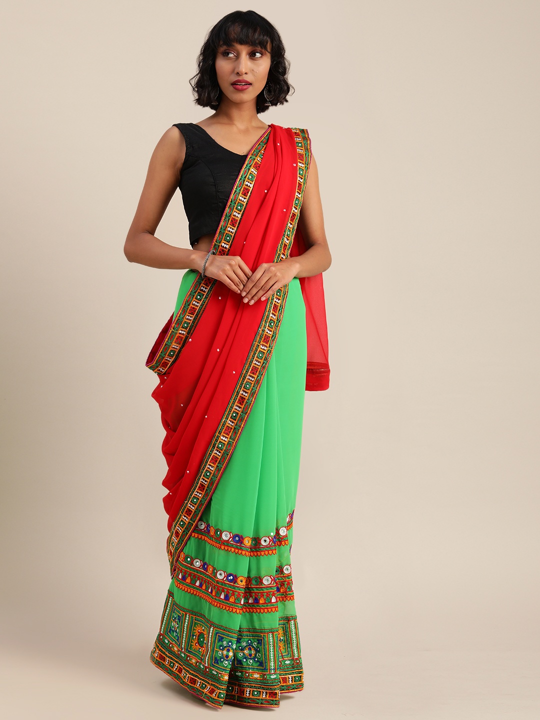 Mitera Red & Green Pure Georgette Embellished Saree