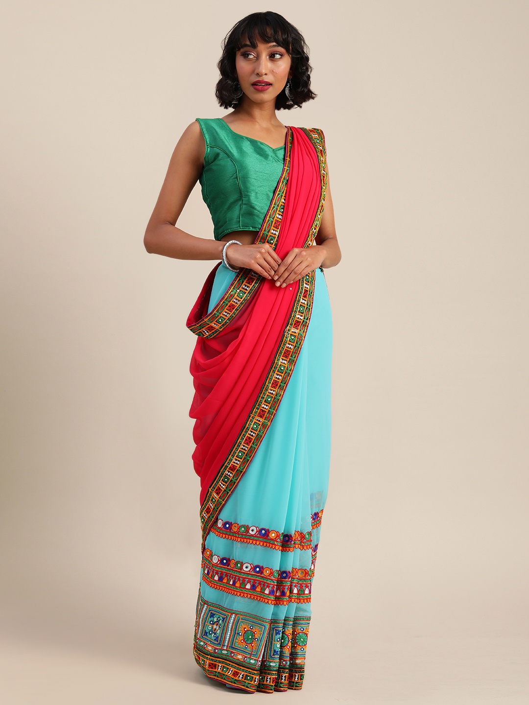 

Mitera Pink & Blue Pure Georgette Embellished Saree