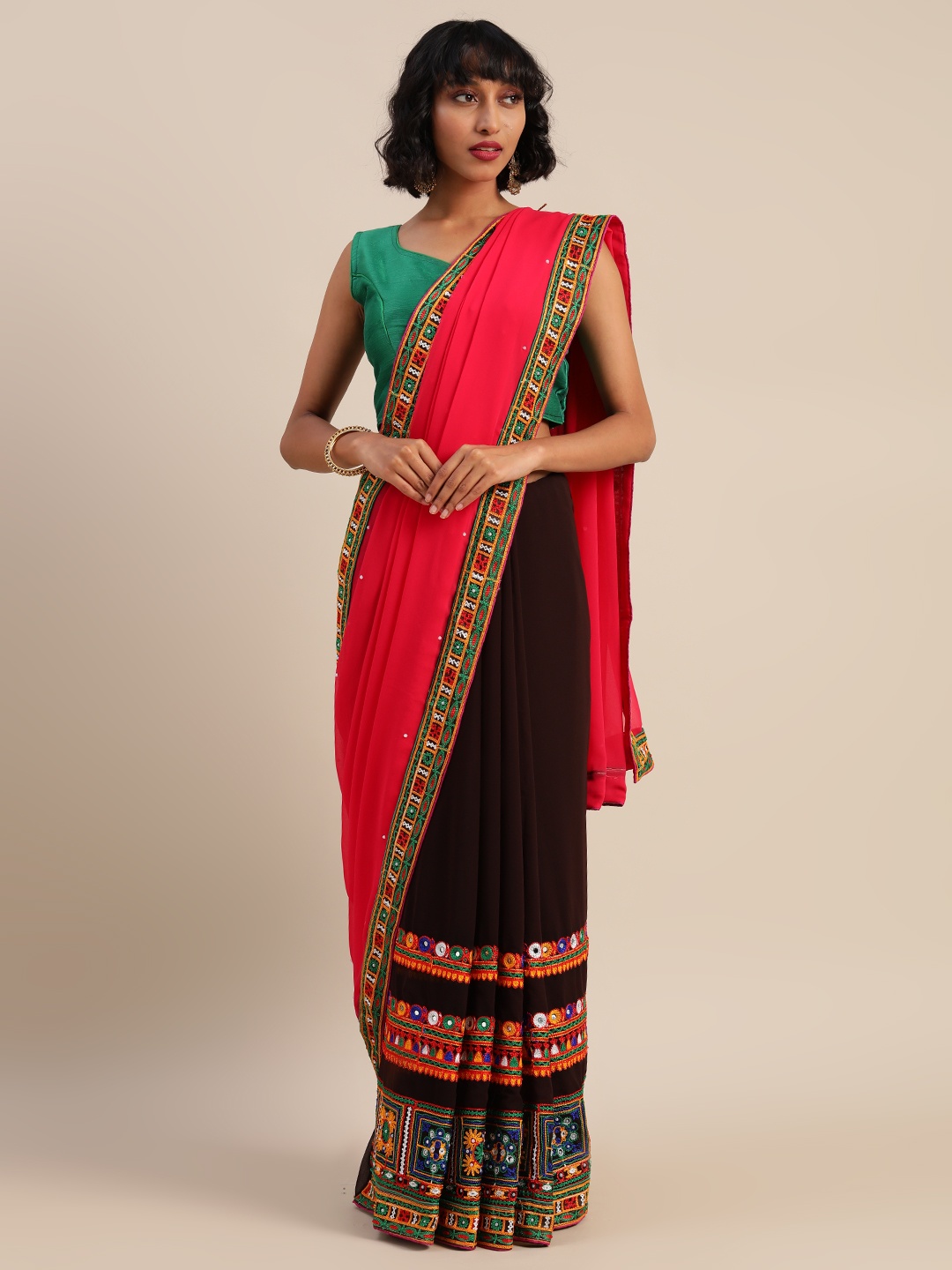 Mitera Pink & Brown Pure Georgette Embroidered Saree