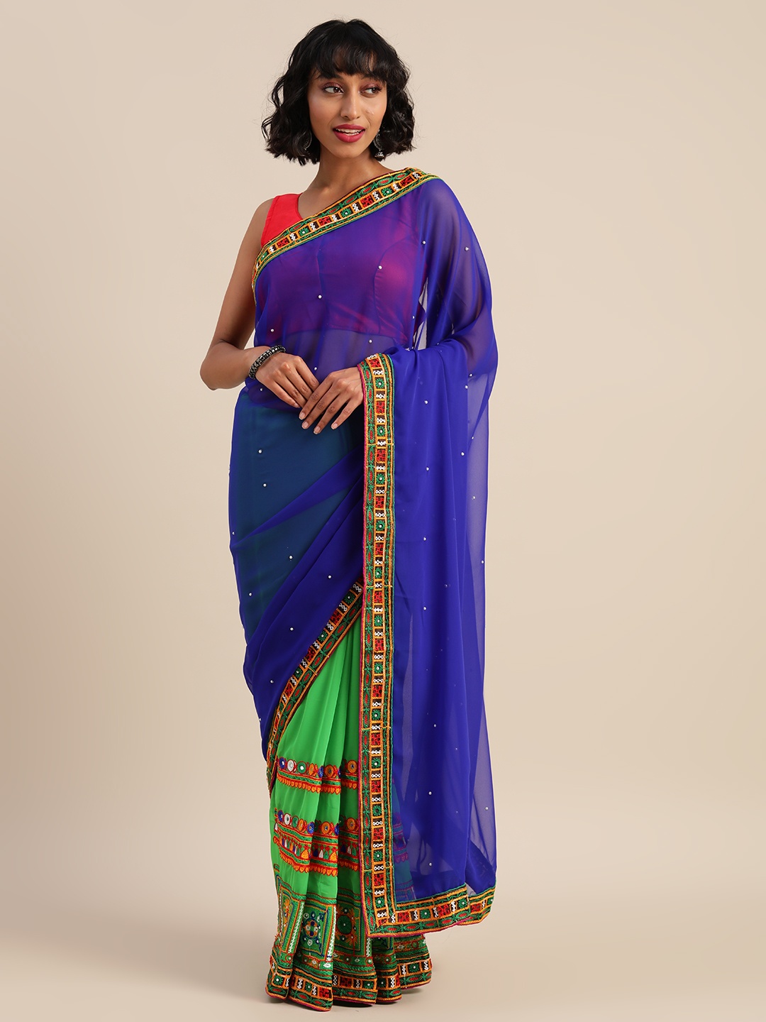 

Mitera Blue & Green Pure Georgette Embroidered Half & Half Saree