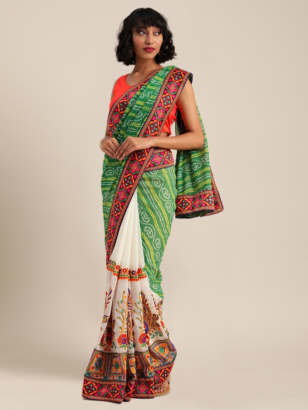 

Mitera White & Green Pure Georgette Kutchi Embroidered Half and Half Saree