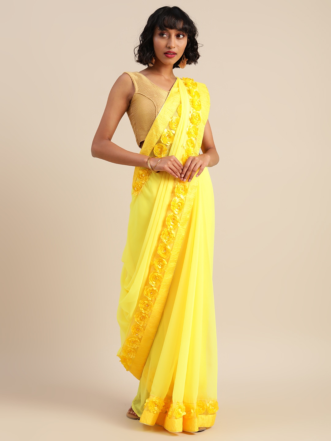 

Mitera Yellow Solid Pure Georgette Saree