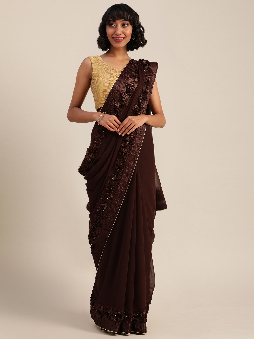 Mitera Coffee Brown Solid Pure Georgette Saree with Embellishments
