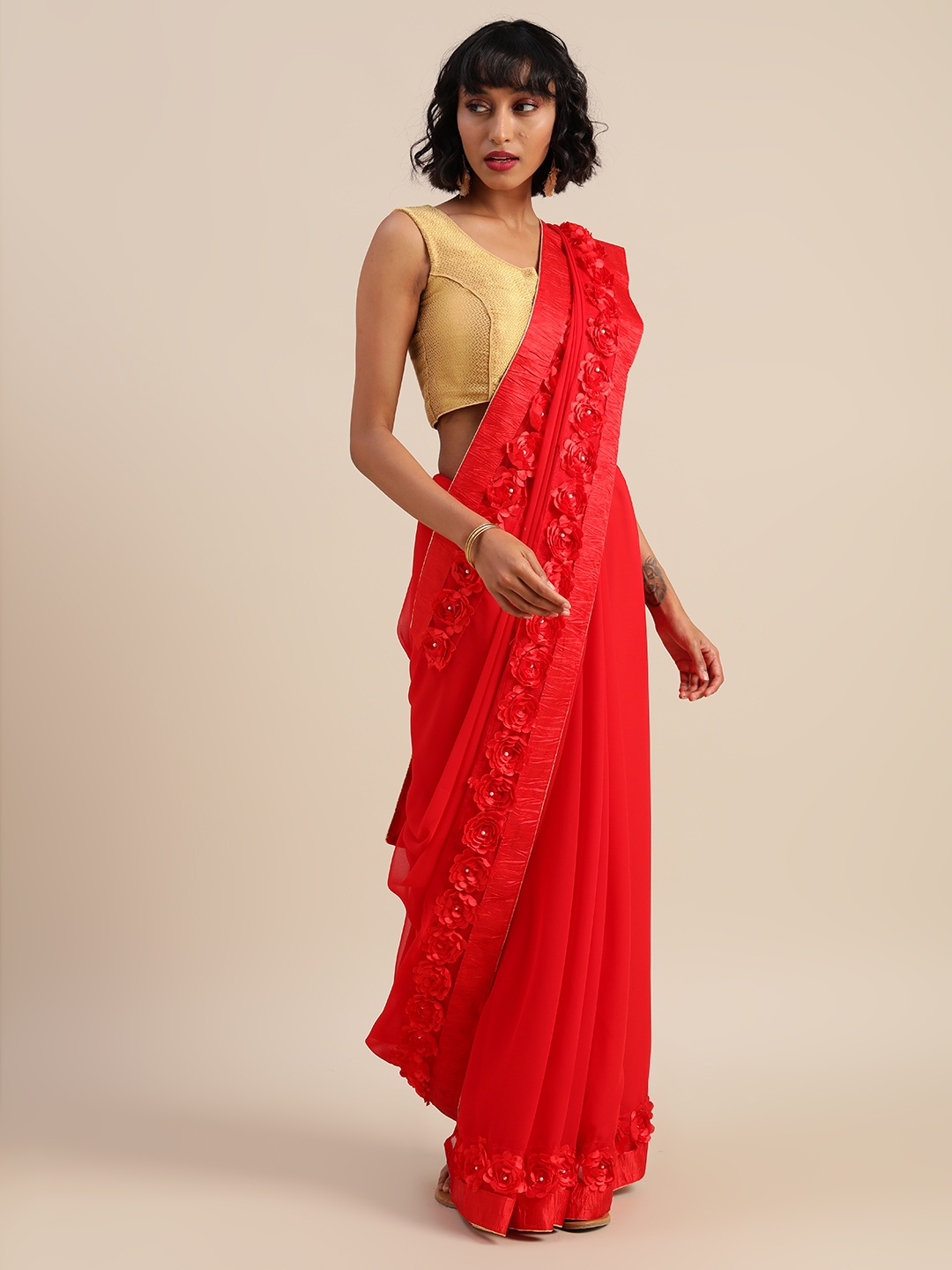 

Mitera Red Solid Pure Georgette Saree