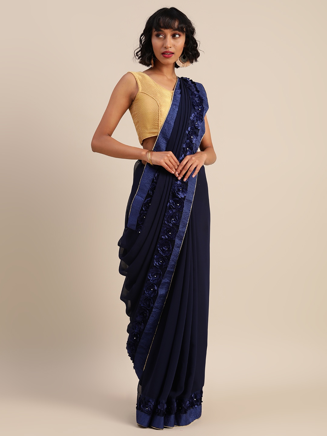 Mitera Navy Blue Solid Pure Georgette Saree