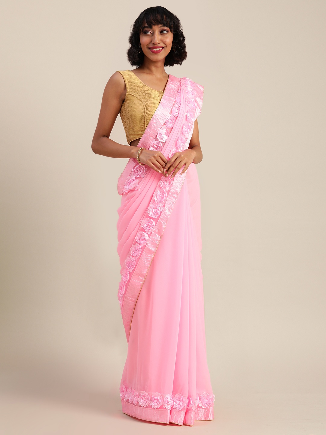 

Mitera Pink Solid Pure Georgette Saree with Embellishments