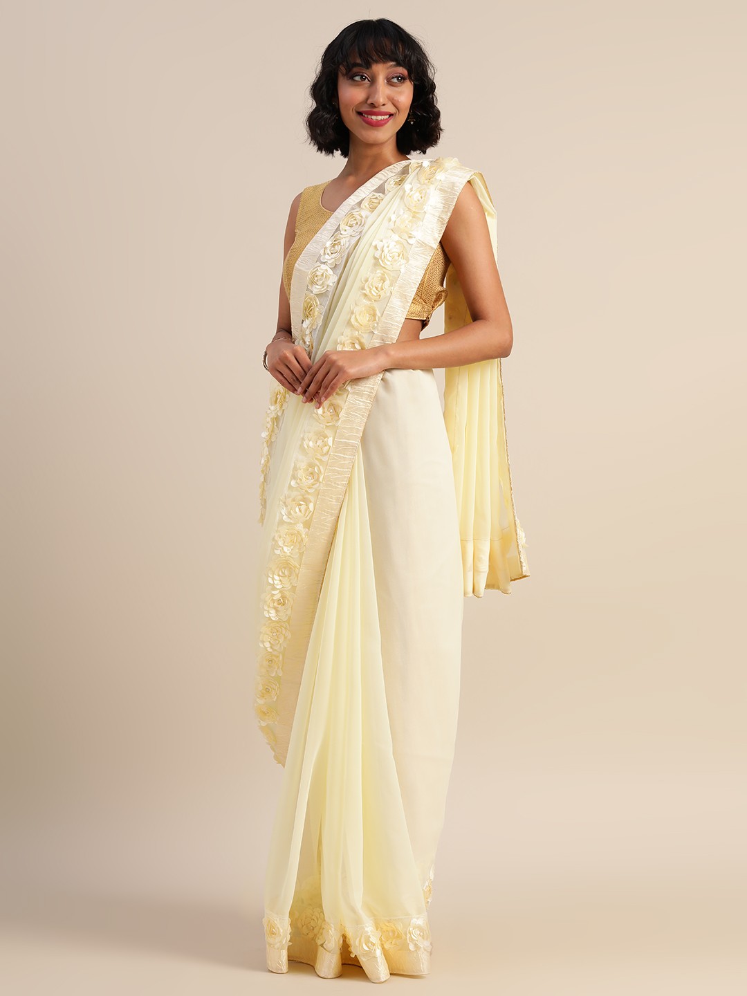 

Mitera Cream-Coloured Solid Pure Georgette Saree with Embellishments