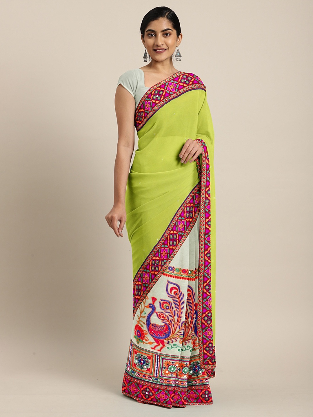 

Mitera Lime Green & White Pure Georgette Embroidered Saree
