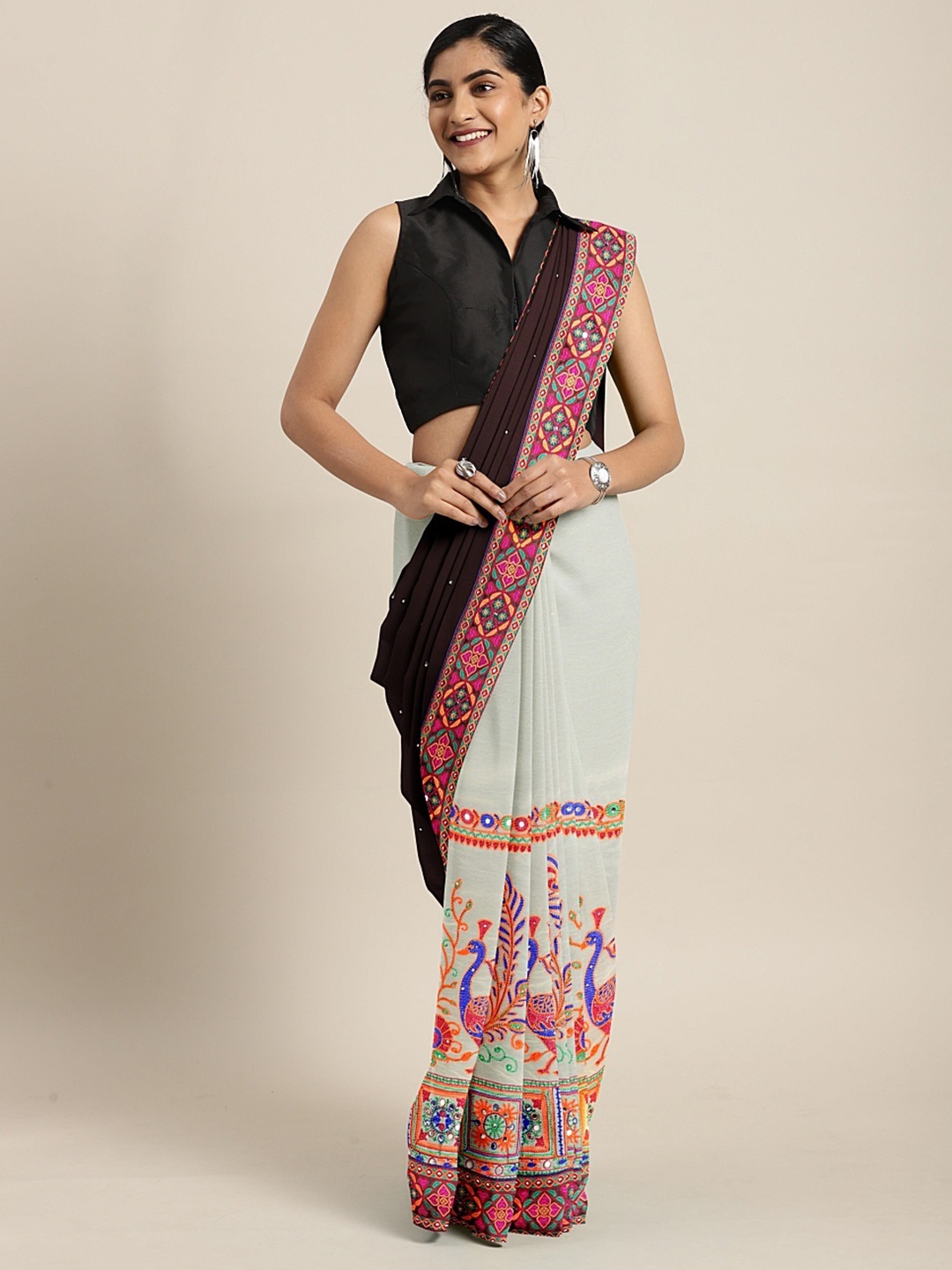

Mitera Brown & White Pure Georgette Embroidered Saree
