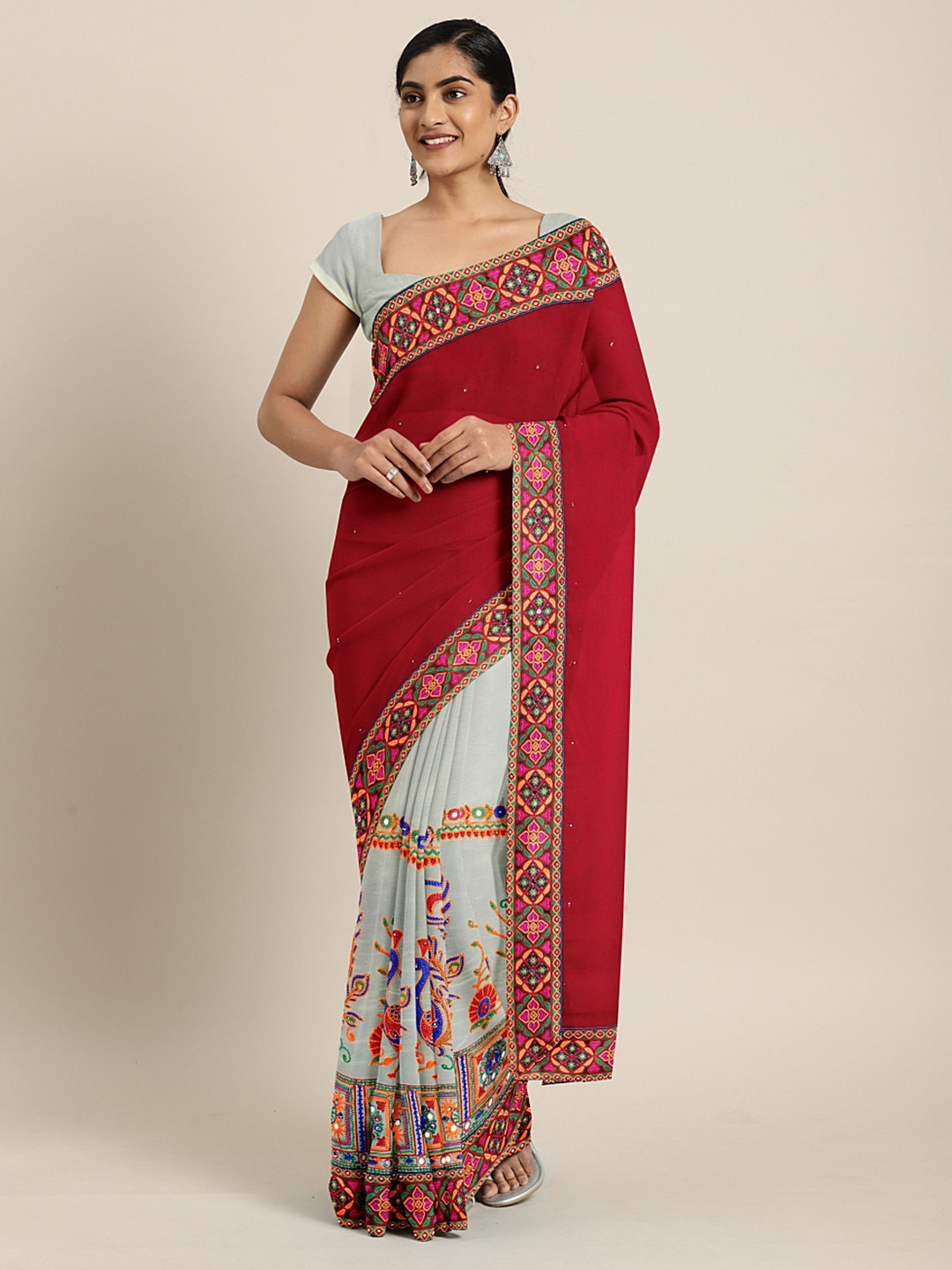 

Mitera Maroon & White Pure Georgette Embroidered Saree