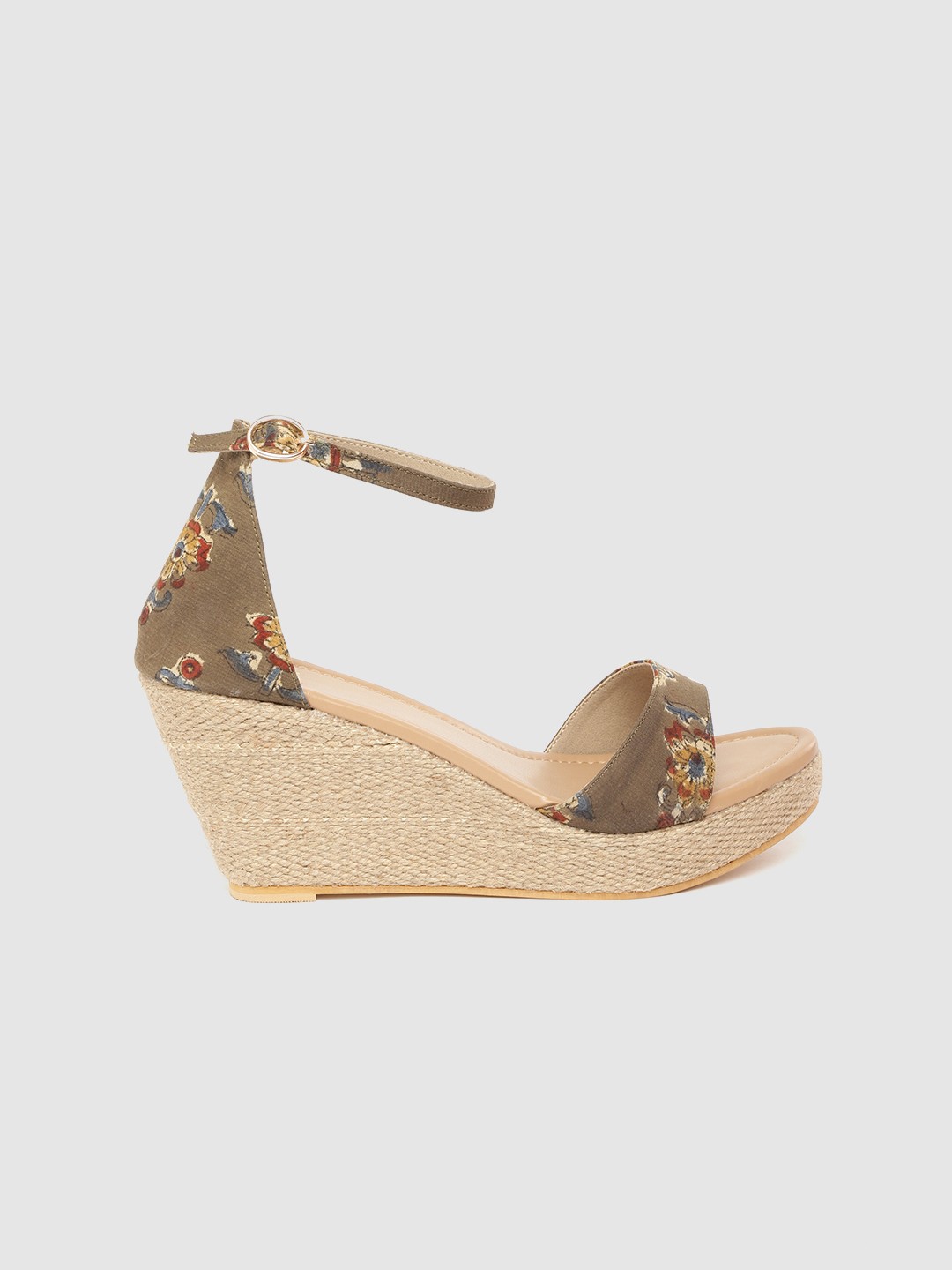 

Taavi Women Olive Brown & Mustard Yellow Floral Print Wedges