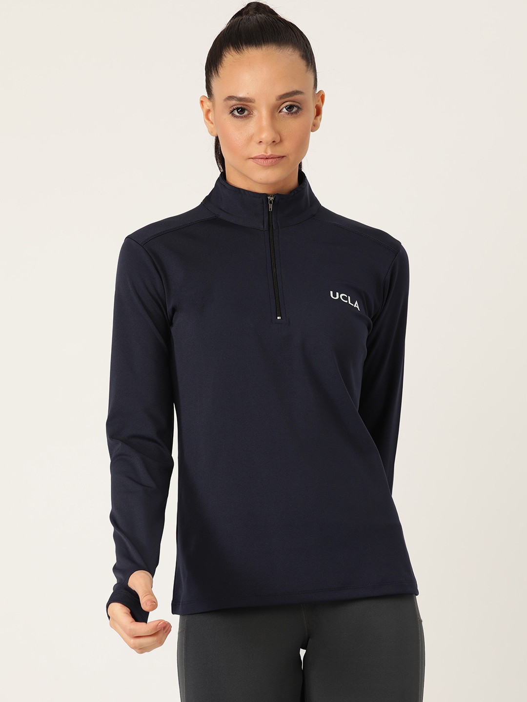 

UCLA Women Navy Blue Solid Mock Neck T-shirt