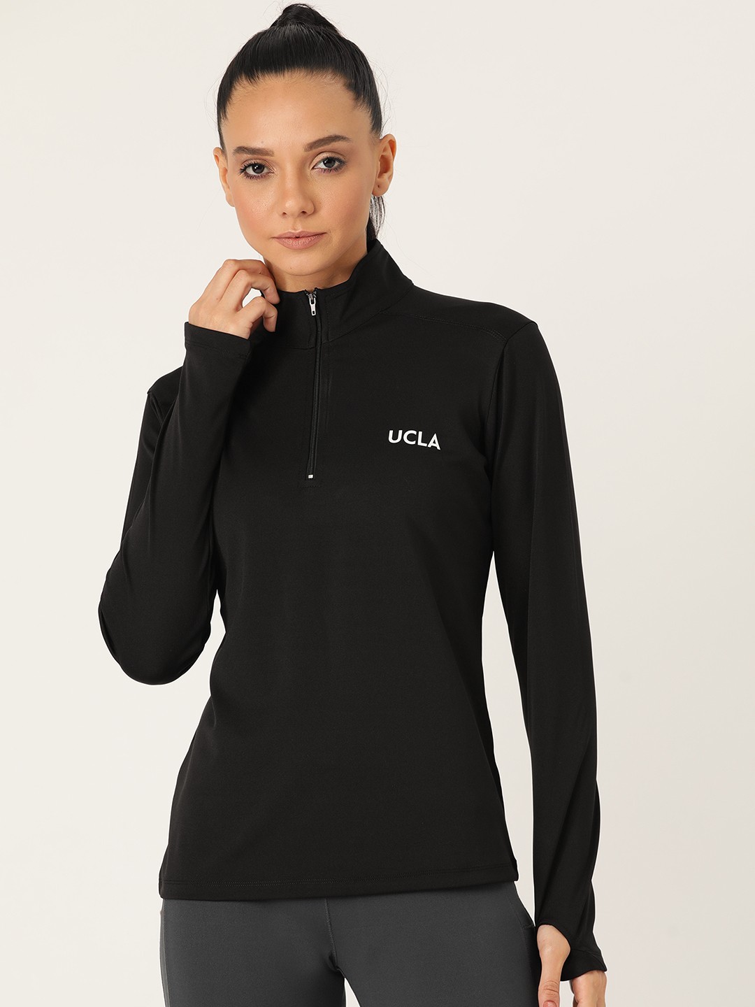 

UCLA Women Black Solid Mock Collar T-shirt