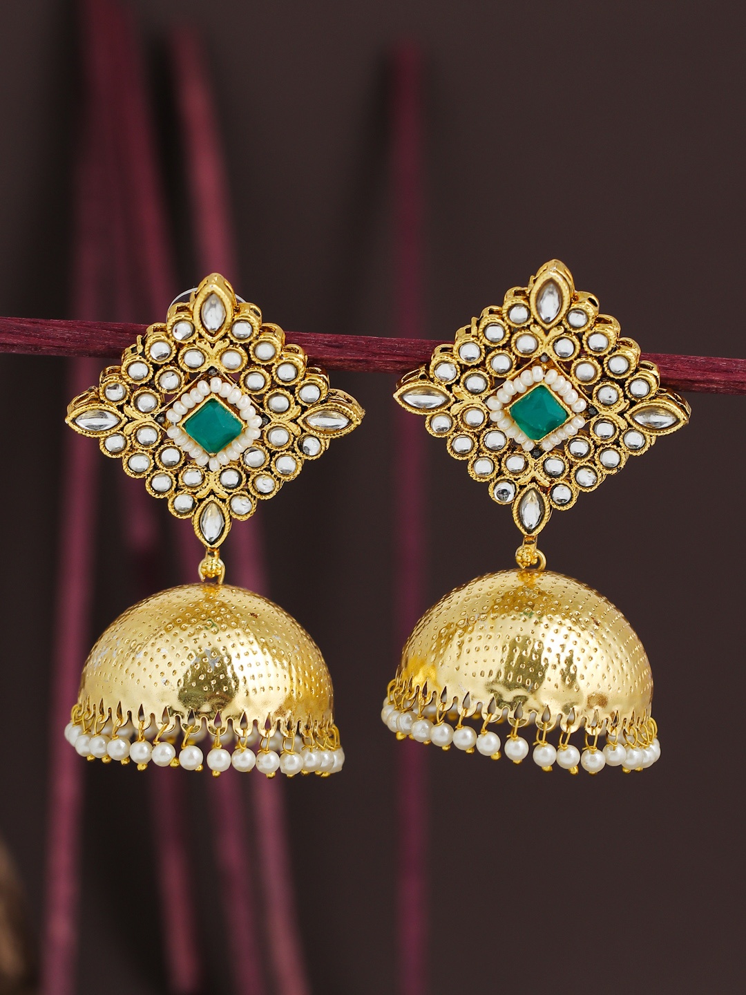 

Sukkhi Green & Gold-Plated Handcrafted Kundan Dome Shaped Jhumkas