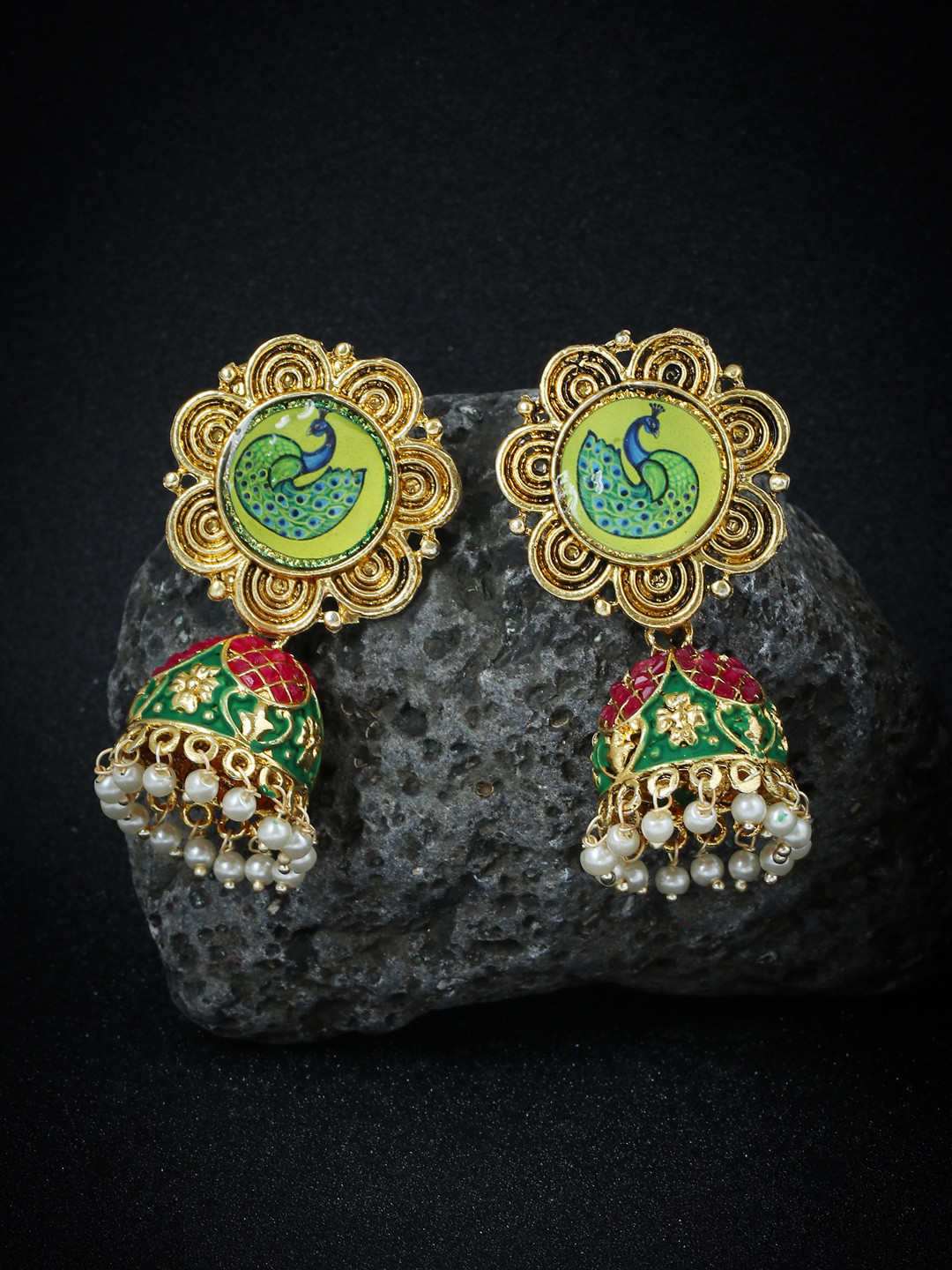 

Sukkhi Green & Red Gold-Plated Meenakari Pearls Dome Shaped Jhumkas