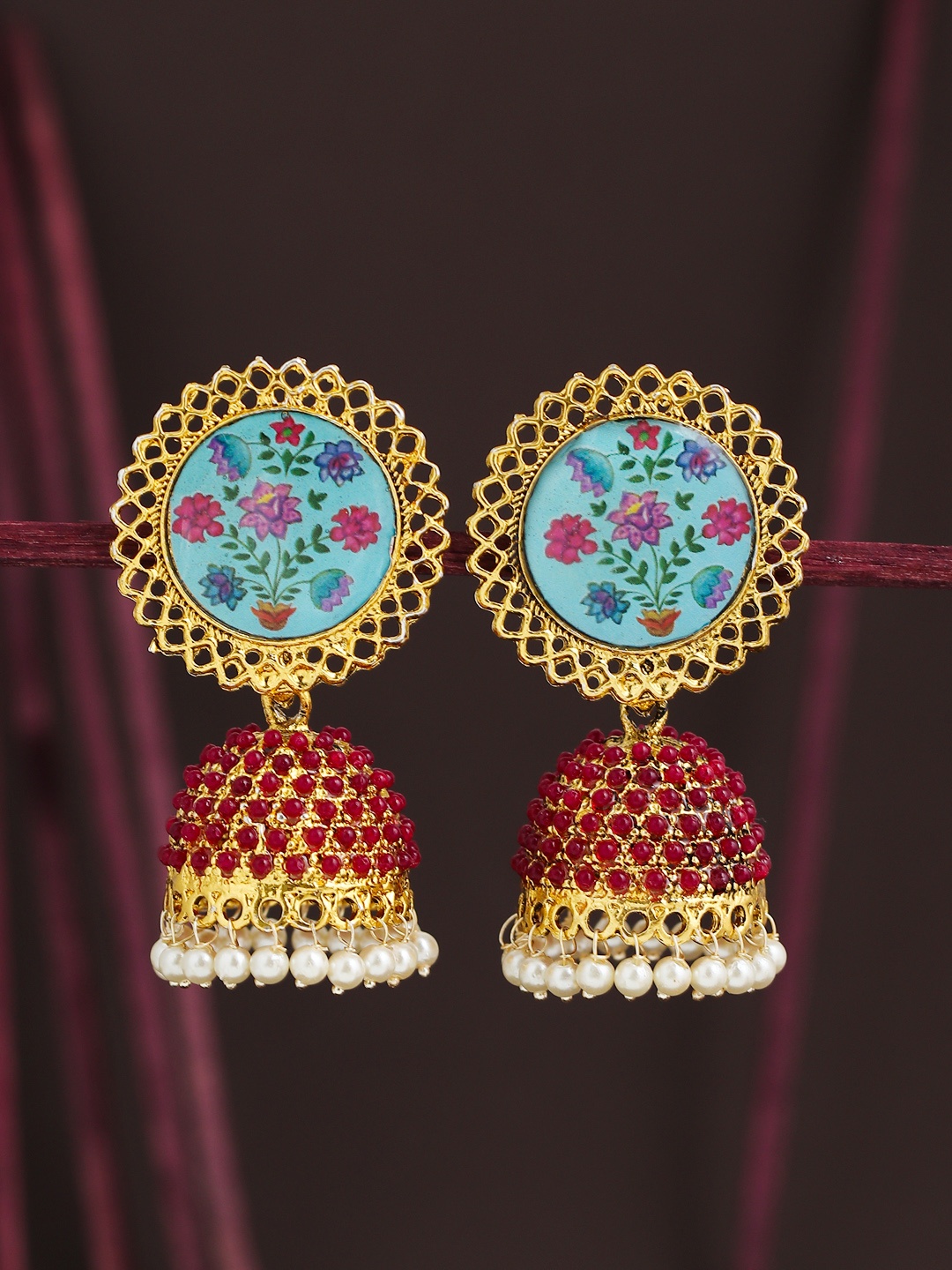 

Sukkhi Gold-Plated & Blue Pearl Embellished Dome Shaped Jhumkas, Multi