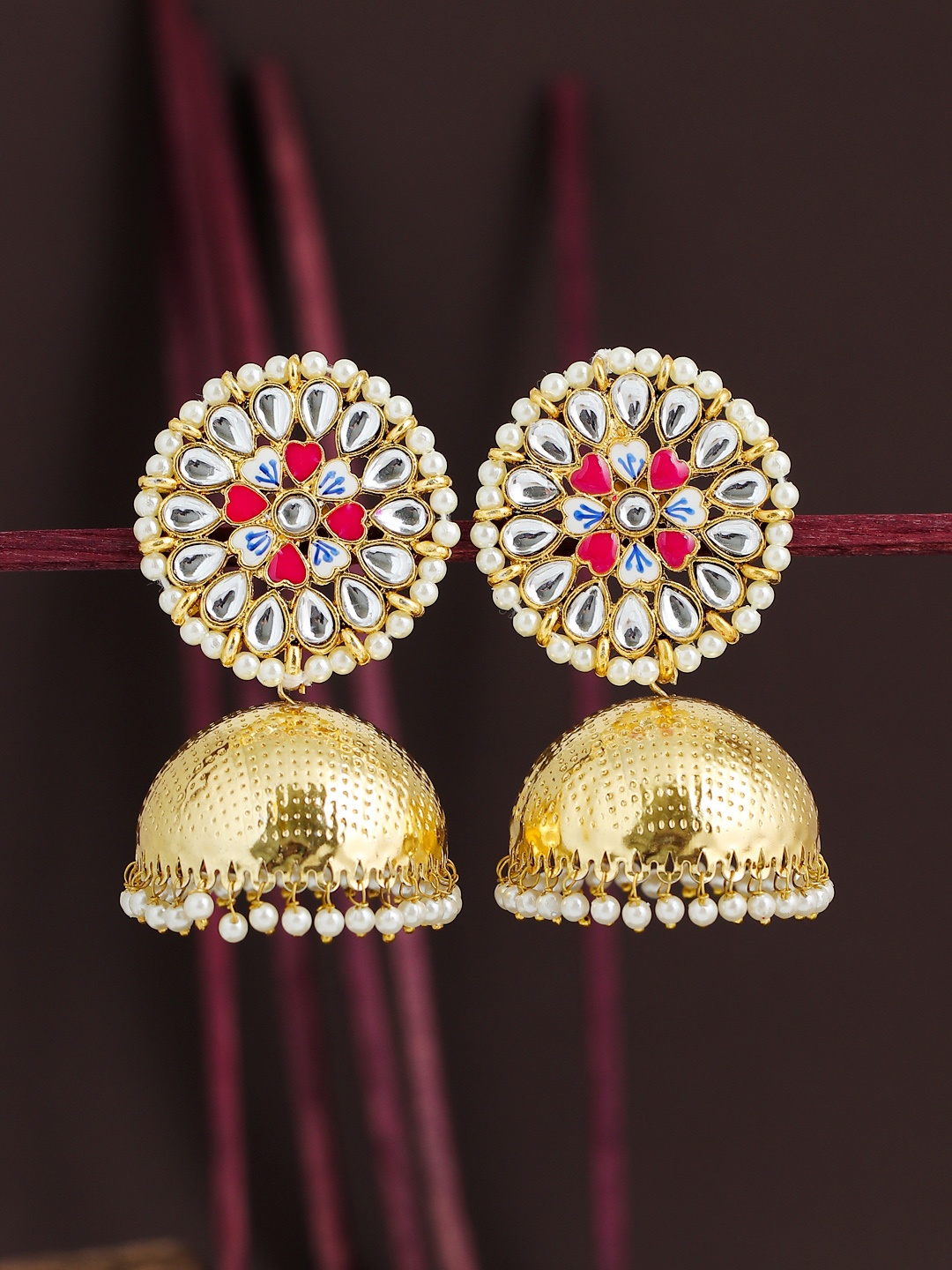 

Sukkhi Pink Gold-Plated Handcrafted Kundan & Pearls Dome Shaped Jhumkas