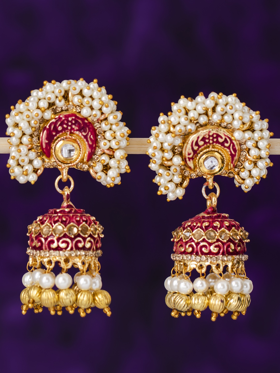 

Sukkhi Red & Gold-Plated Meenakari Dome Shaped Jhumkas