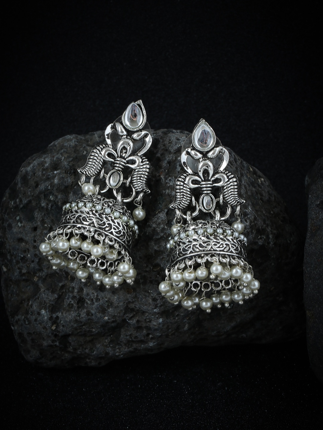 

Sukkhi Silver-Toned Oxidised-Plated Dome Shaped Jhumkas