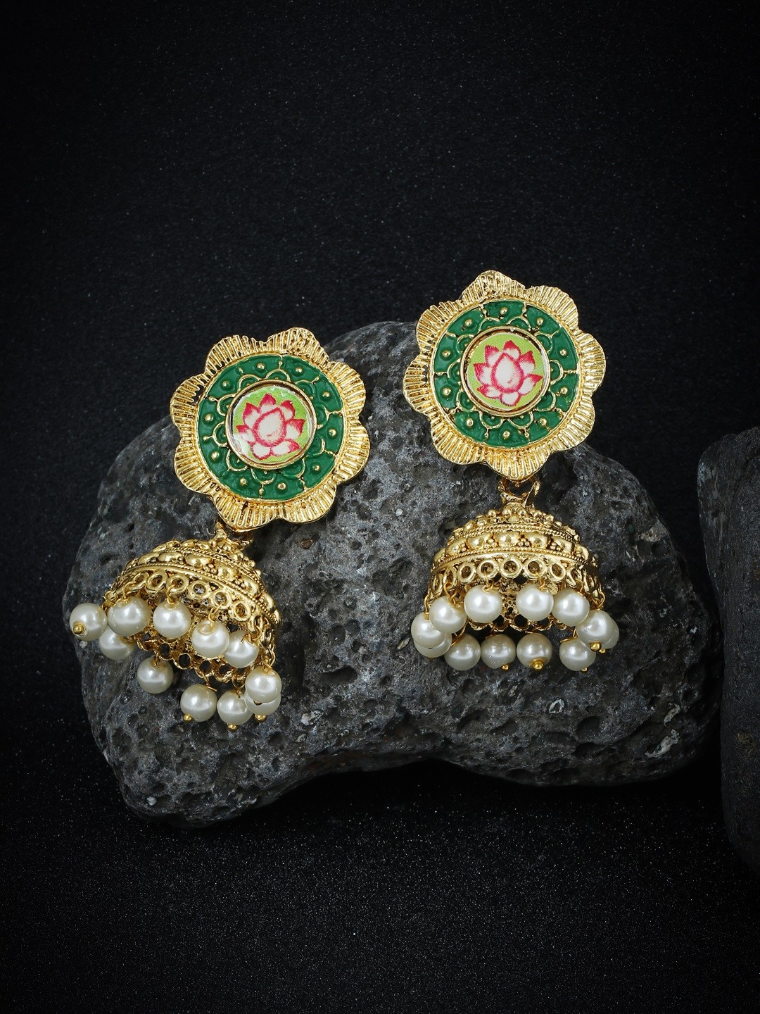 

Sukkhi Gold-Plated Green & Pink Meenakari Dome Shaped Jhumkas