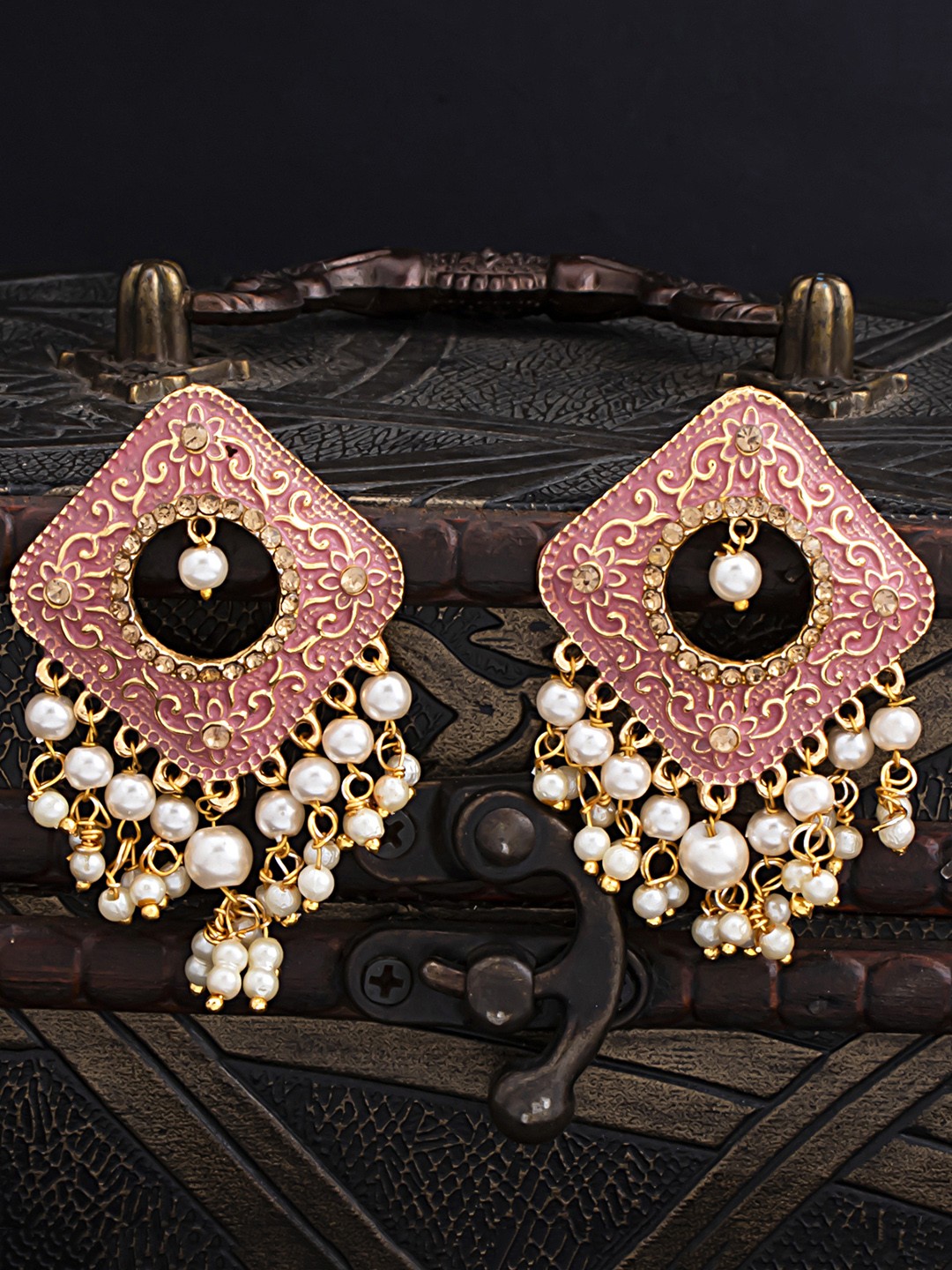 

Sukkhi Pink & Gold-Plated Filigree Pearls Geometric Drop Earrings