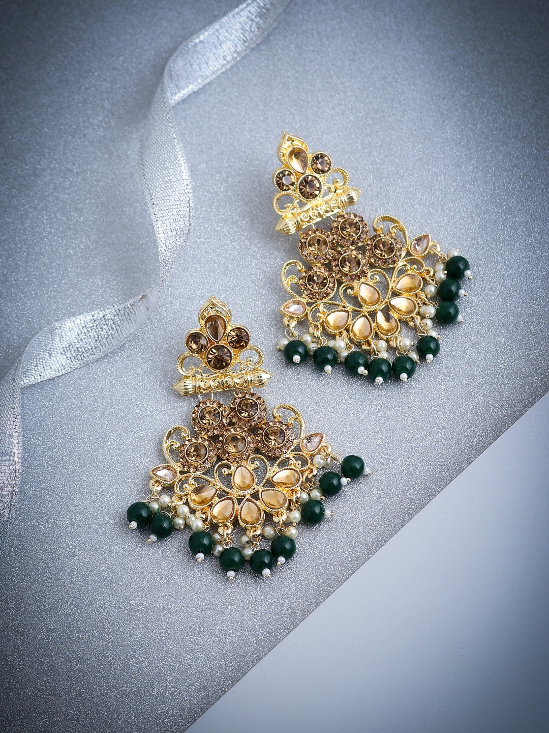

Sukkhi Gold-Plated & Green Filigree Classic Drop Earrings
