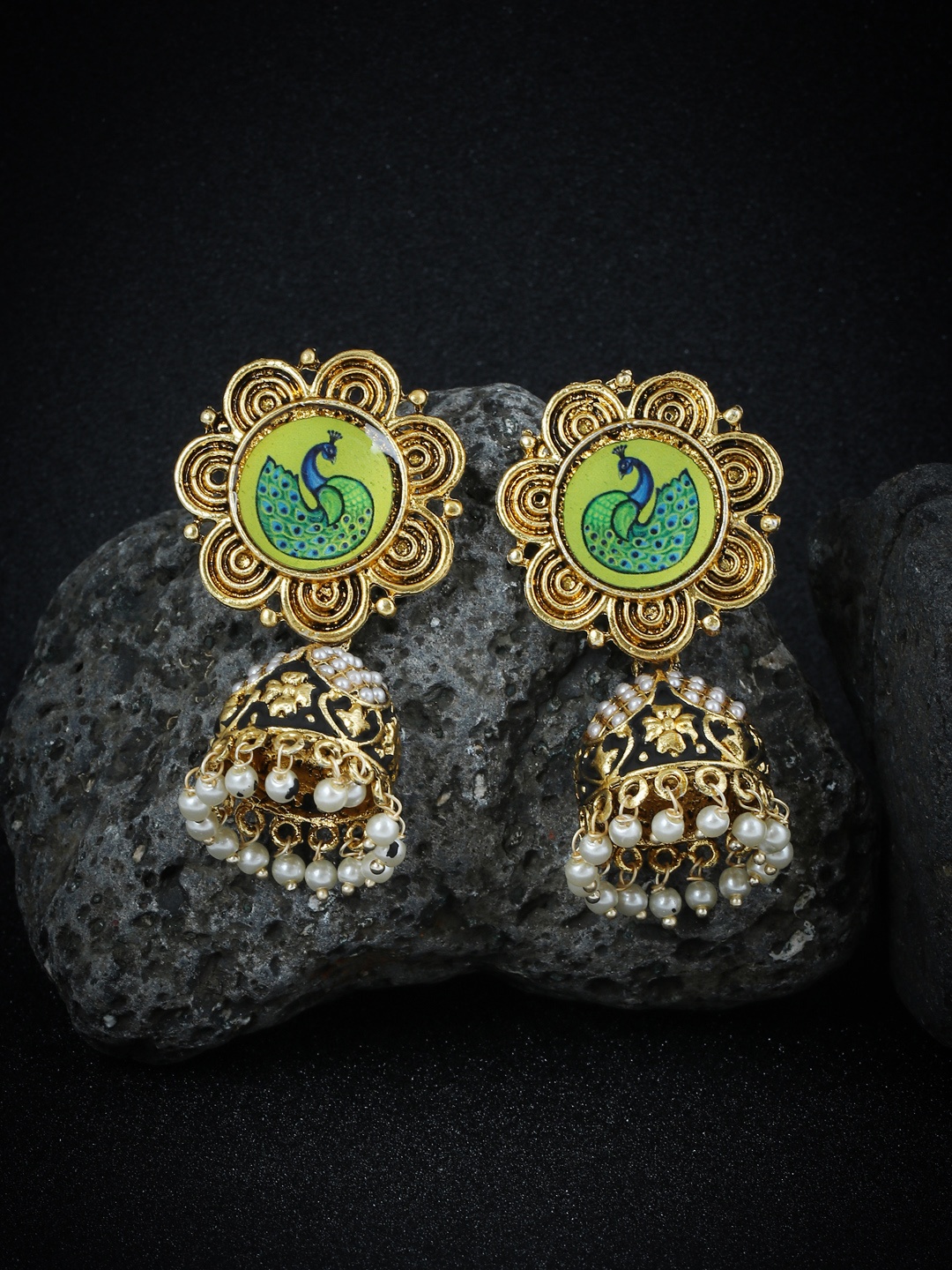 

Sukkhi Gold-Plated & Green Meenakari Dome Shaped Jhumkas