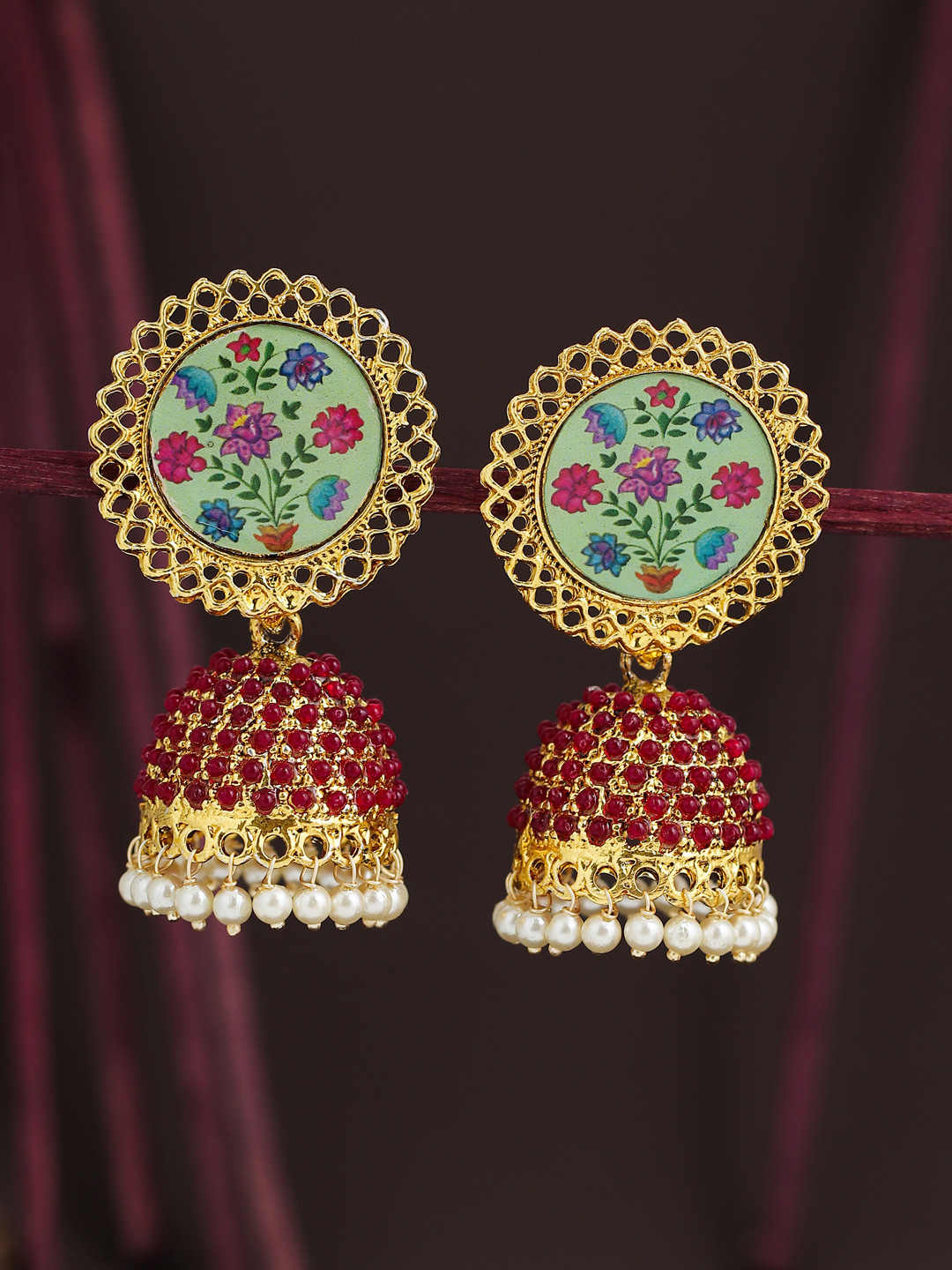 

Sukkhi Red & Gold-Plated Filigree Pearls Dome Shaped Jhumkas