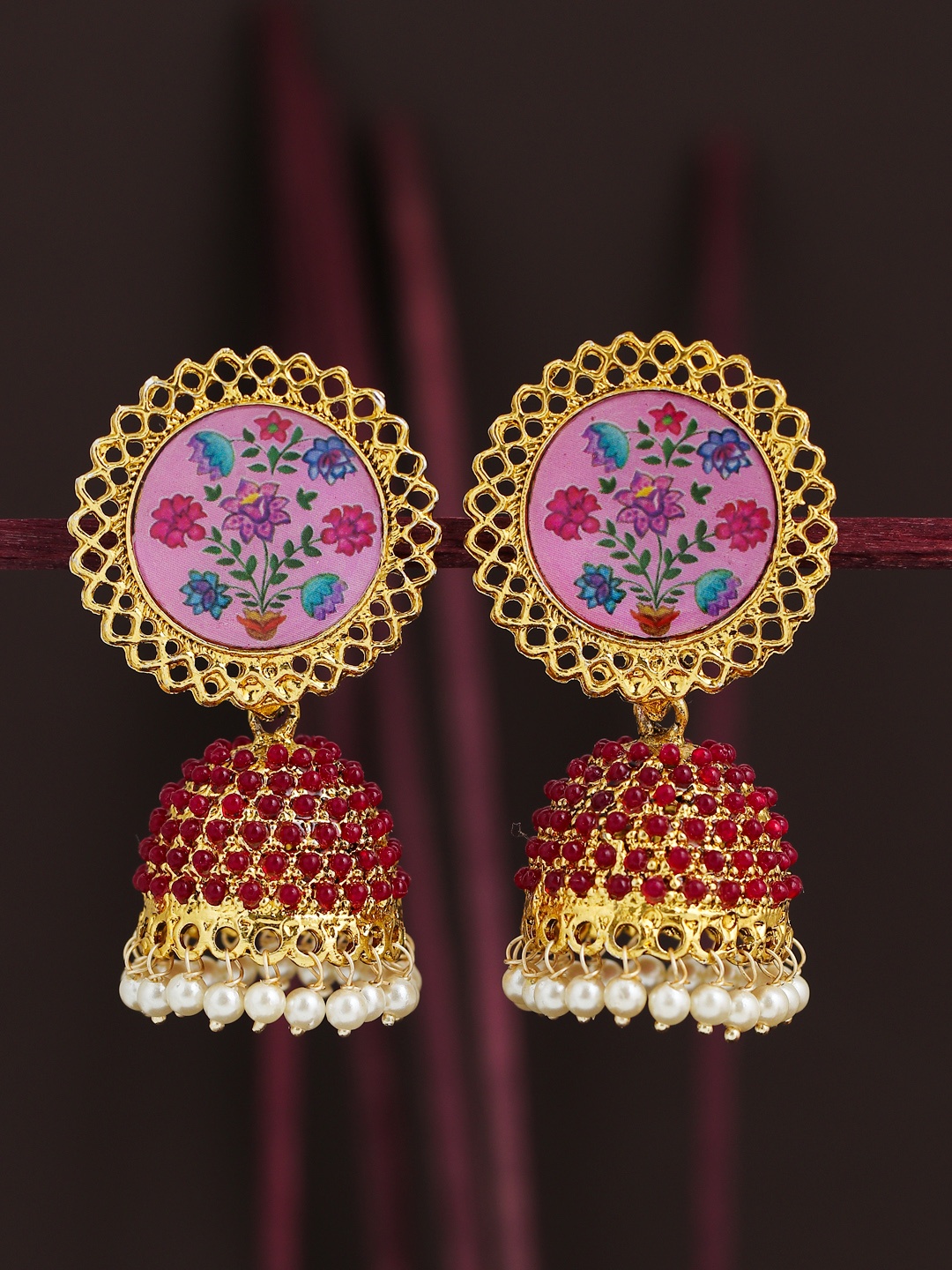 

Sukkhi Gold-Plated & Pink Dome Shaped Jhumkas