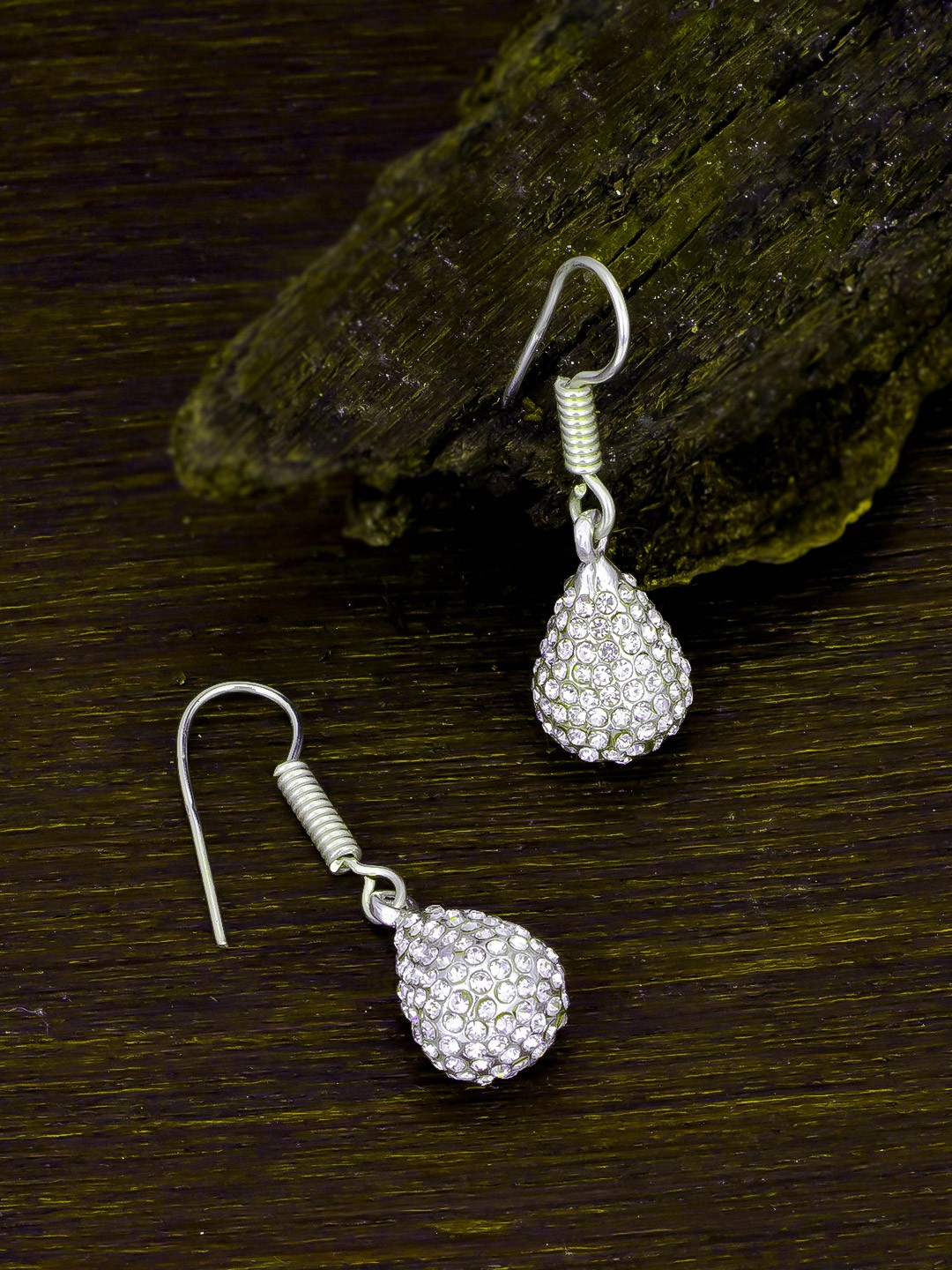 

Sukkhi Rhodium-Plated Silver-Toned Zircon Studded Contemporary Drop Earrings