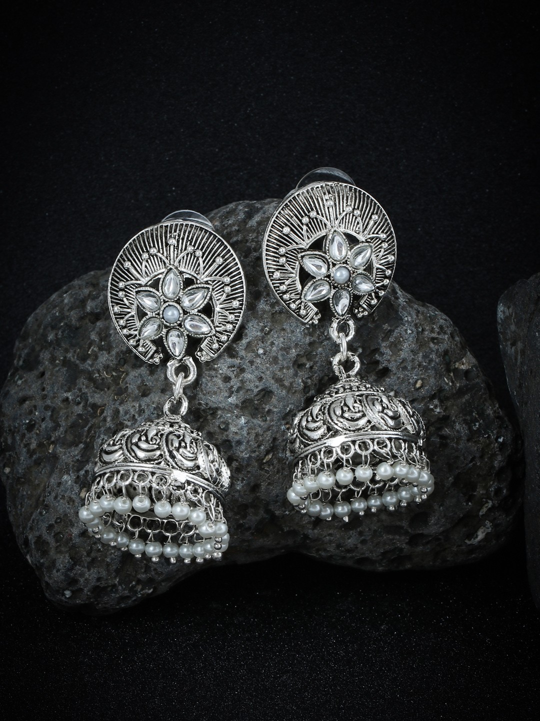 

Sukkhi Silver-Toned Oxidised-Plated Dome Shaped Jhumkas