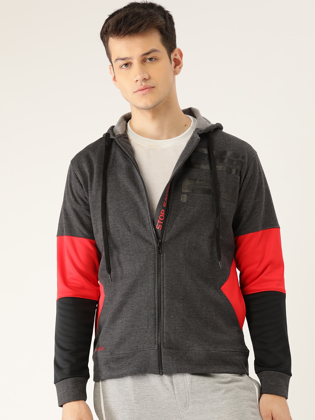 

OFF LIMITS Men Charcoal Grey Solid Hooded Sweatshirt