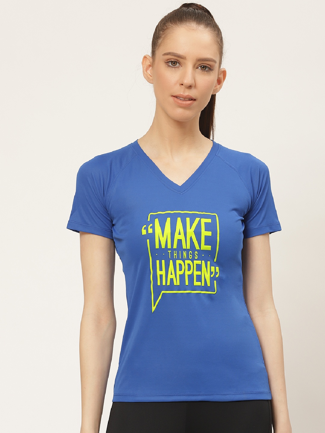 

OFF LIMITS Women Blue & Lime Green Embossed Print V-Neck T-shirt