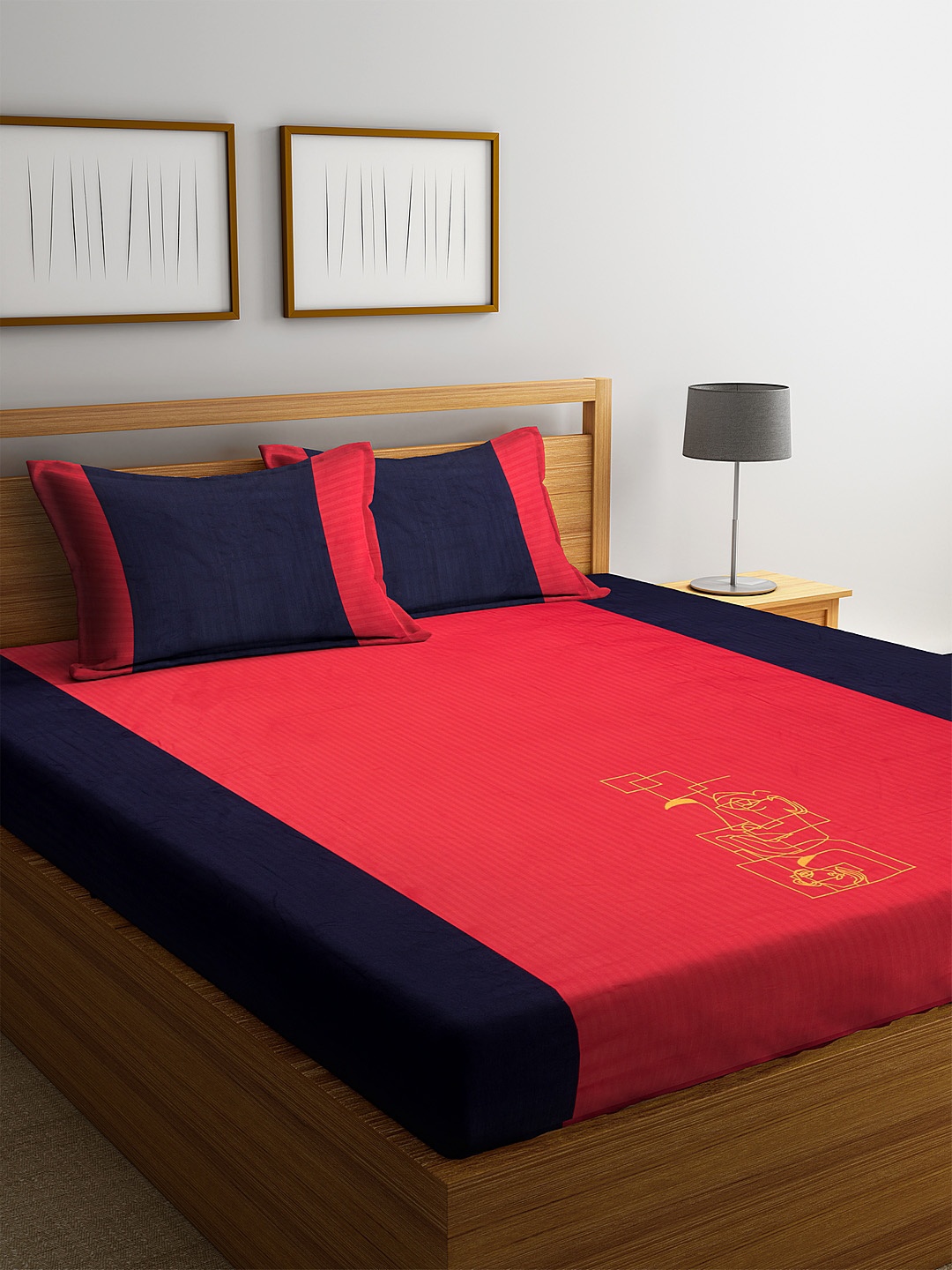 

DECOREALM Red & Navy Blue 300 TC Cotton 1 King Bedsheet with 2 Pillow Covers