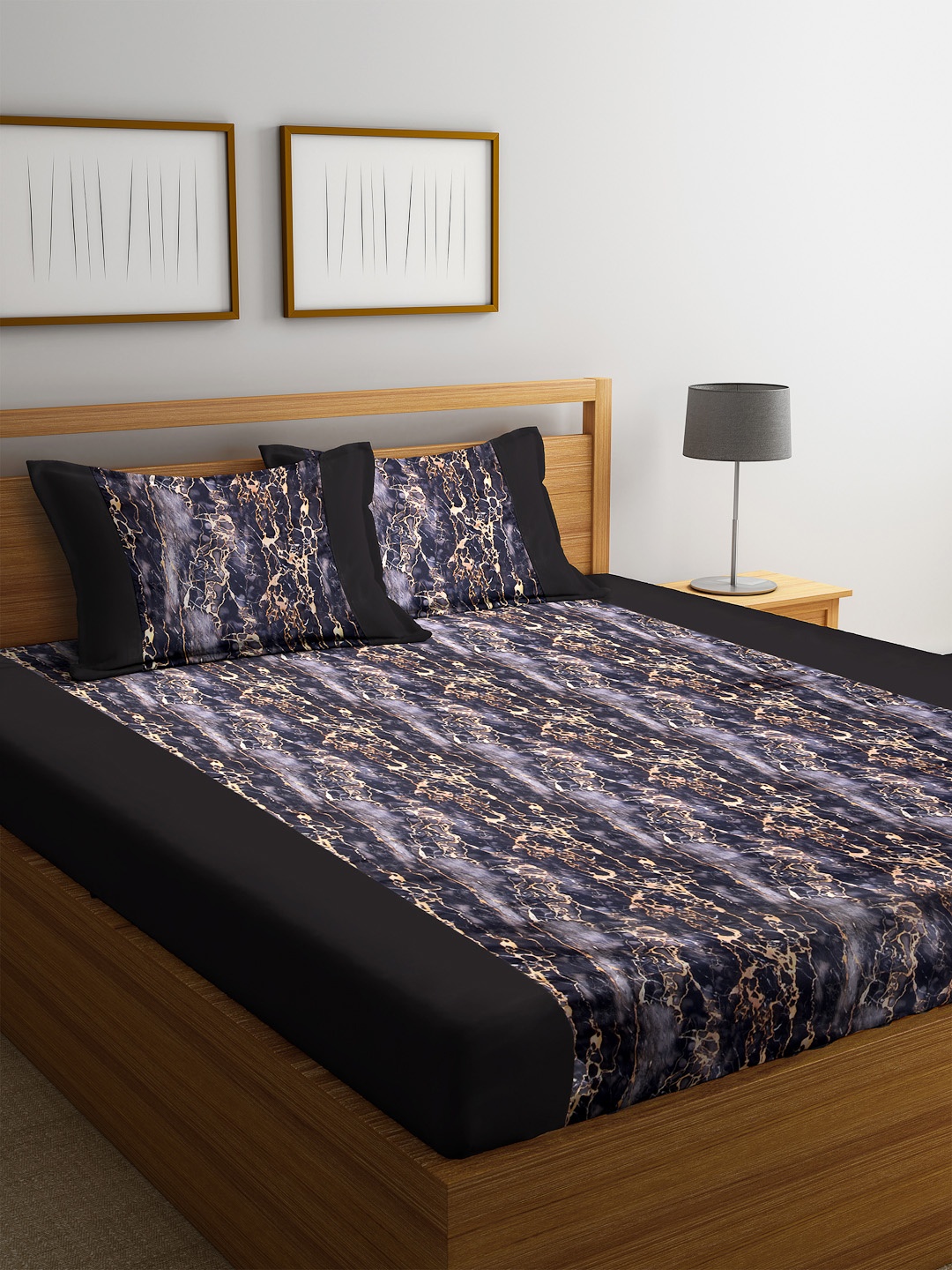 

DECOREALM Black & Grey Abstract 300 TC 1 King Bedsheet with 2 Pillow Covers
