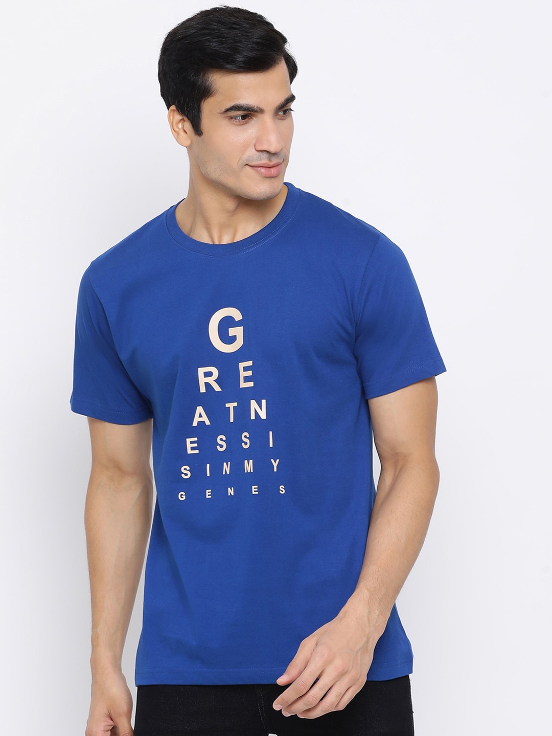 

YOLOCLAN Men Blue Printed Round Neck Pure Cotton T-shirt