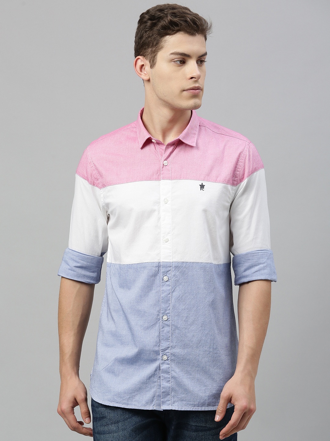 

French Connection Men Pink & Blue Slim Fit Colourblocked Casual Shirt