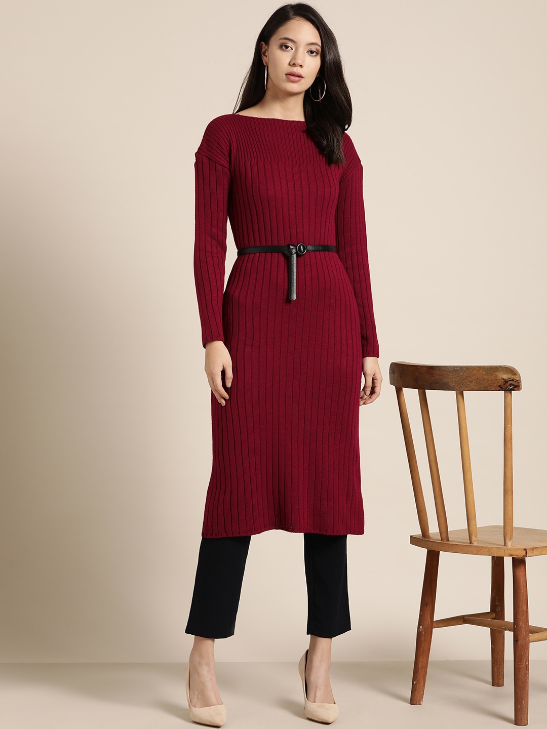 

Sangria Maroon Self Striped Straight Winter Kurta