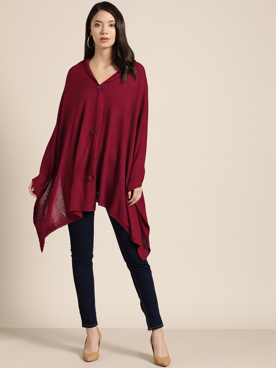 

Sangria Women Maroon Self Design Poncho Cardigan