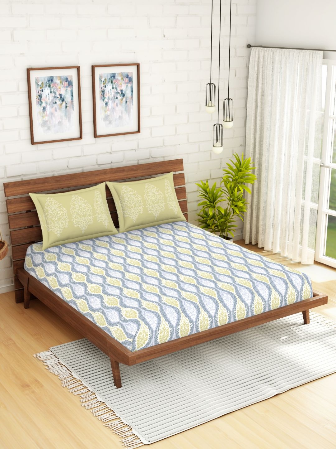 

Spaces Atrium Plus Ornate Light Grey 1 Queen Size Fitted Sheets With 2 Pillow Cover