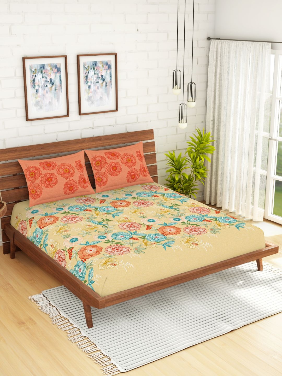 

Spaces Atrium Plus Floral Beige 1 King Size Fitted Sheets With 2 Pillow Cover